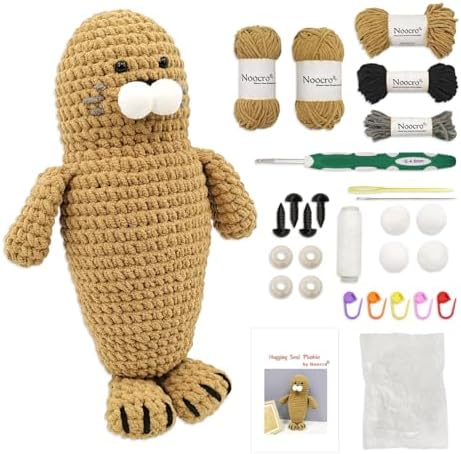 Noocro Amigurumi Crochet Kit for Beginners, Intermediate and Advanced Crocheters, DIY Crochet Plushie Kit with Complete Kit, Detailed Instrucions and Video Tutorial - Fun Craft Gift (Seal)