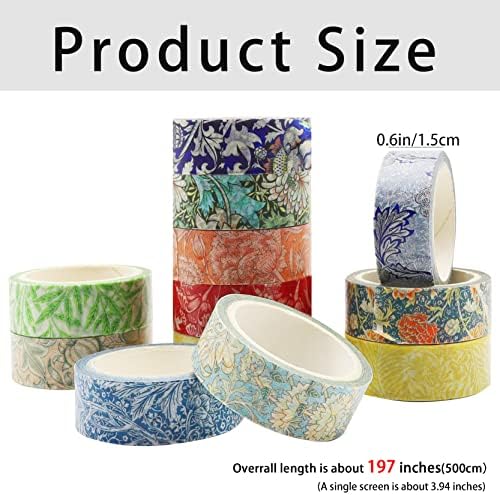 Berkin Arts 12 Rolls Art Floral Designs Washi Tape Set - 15 mm Wide Decorative Adhesive Masking Tape Cloisonnism for Scrapbook Cute Aesthetic William Morris Series