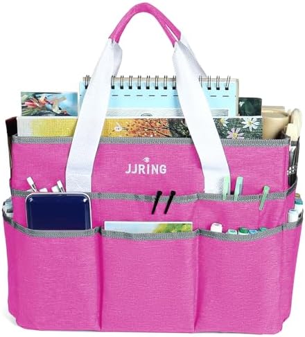 JJRING Craft Organizer Tote Bag Large Art Storage Caddy Deep Red | With Multiple Pockets For Sewing, Scrapbooking, School, Medical, And Office Supplies