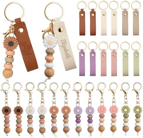 Starry 12/24PCS Daisy PU Leather Beadable Keychain Blanks Bulk Laser Engraving Blanks Keychain Kit Bag Purse Key Rings DIY