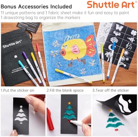 Shuttle Art 28 Colors Fabric Markers, Permanent Markers for T-Shirts Clothes Sneakers Jeans with 11 Stencils 1 Sheet, Shirt Pens for Adult DIY Painting Writing