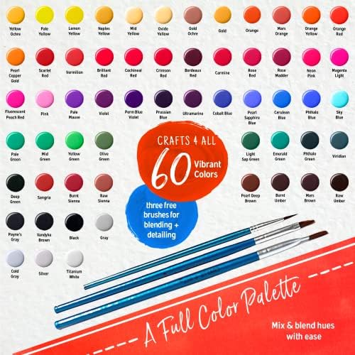 Crafts 4 All Acrylic Paint Set for Adults and Artists - 60 Pack of 12mL Paints with 3 Art Brushes, Non-Toxic Craft Paint for Easter Eggs, Ceramic Rock - Art Supplies