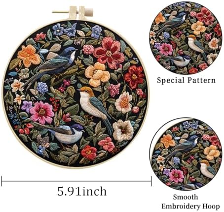 LB Red Floral Embroidery Kit for Beginners Adults, 3 Sets Hand Embroidery Starter Kit with Cute Bird Pattern and Instructions Stamped Cross Stitch Kits Include Embroidery Hoop Needles Threads Scissors