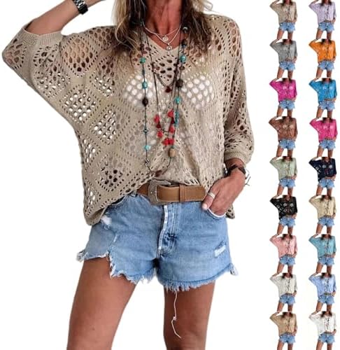 Bohemian Crochet Tops for Women 3/4 Sleeve V-Neck Open Knit Pullover Beach Cover Ups Hollow Out Boho Vacation Blouse