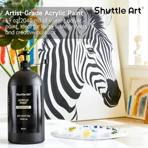 Shuttle Art Black Acrylic Paint, 69oz/2040ml Large Capacity Pump Bottle with Cover, High Coverage True Black, Fast Drying Non-Toxic Art Paint for Artists, Students, Kids & DIY Crafts