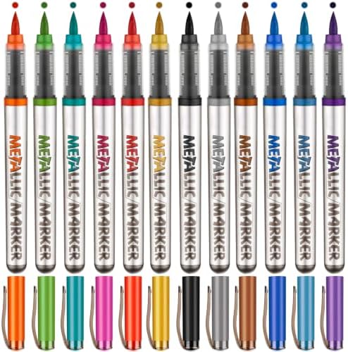 Metallic Acrylic Paint Markers, 12 Pcs Soft Brush Tip Marker Pens for Stone,Paper,Wood,Glass,Fabric Paint,DIY Crafts (12, 12 Color)
