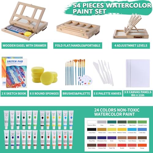 54 Pieces Complete Watercolor Paint Set with Portable Wooden Tabletop Easel