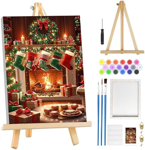 MOGTAA Christmas Paint by Numbers Kit for Adults Beginners with Frame, Christmas Socks Adult Paint by Number Kits on Canvas with Easel, Easy DIY Oil Painting Kits for Home Decor, 8x12in