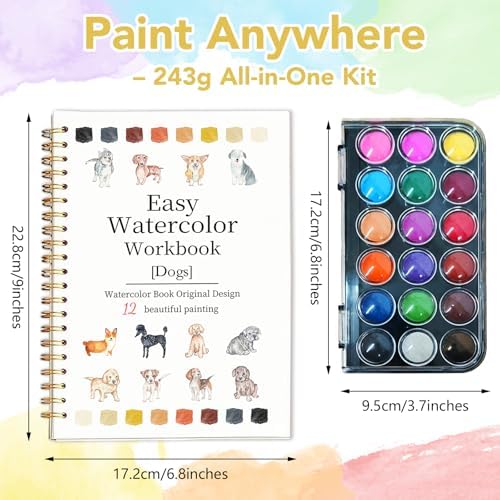 Easy Watercolor Workbook for Beginners - 12 Beautiful Step-by-Step Paintings Water Coloring Book, Includes 18 Colors Paints, Relaxing Art Projects and Creative Gift for Adults & Teen (Dogs)