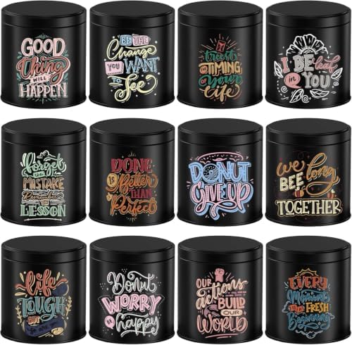 12 Pack Inspirational Black Candle Tins with Lids, 10 oz Empty Metal Tin Jars for Candle Making, Decorative Containers for DIY Crafts, Gifts & Small Business