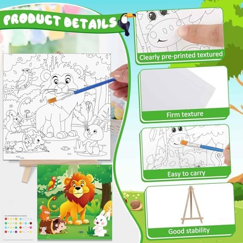 Tenceur 24 Pack 216 Piece Pre Drawn Canvas to Paint for Kid Adult 6 x 6 Inch Stretched Coloring Painting Canvas Panels with Design Easel and Brushes for Party Supplies Beginner Favor(Animals)