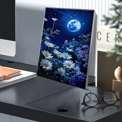 JOOZ Paint by Numbers Kit for Adults with Frame, Moon Paint by Number with Easel, DIY Starry Sky Flowers Oil Painting by Numbers, Easy Adult Paint by Number Kits on Canvas for Wall Decor 8x12 Inch