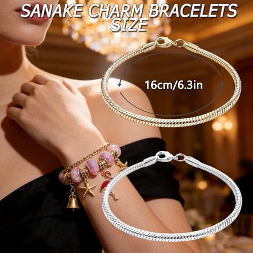 Exway 20 Pcs Snake Charm Bracelet Chain 6.5 Inch Gold and Silver Charm Bracelet Kit Snake Chain Bracelets Chain for Christmas DIY Women Jewelry Making Gifts