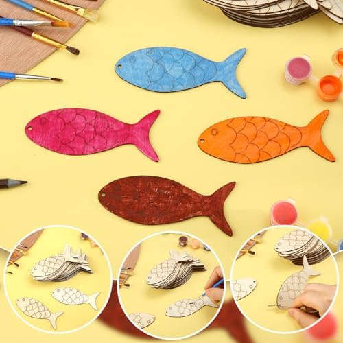 Gerrii 72 Pieces Blank Wood Fish Cutouts Hanging Ornaments for DIY Crafts
