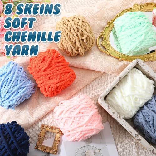 Buryeah 8 Pack Chunky Chenille Yarn for Crocheting (Multicolor)