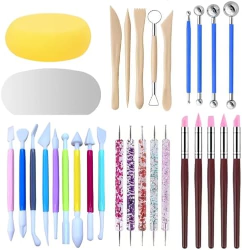 30Pcs Clay Sculpting Tool Set, Polymer Clay Kit with Silicone Sculpting Brushes, Wooden Carving Tools, Ball Stylus, Dotting Pens & Smoothing Sponge, Multi-Function Craft Tools for Pottery, Ceramic