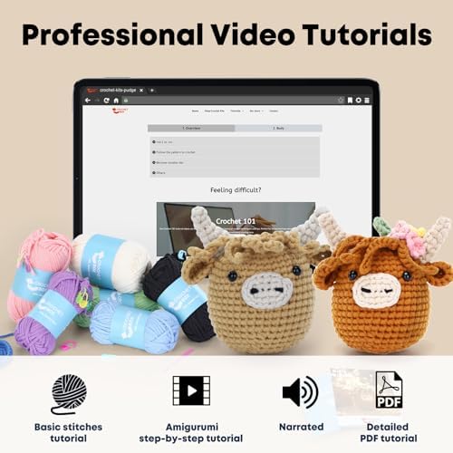 CrochetBox Crochet Kit for Beginner, 2 PCS Highland Cow Easy Learn How to Crochet Stuffed Animals Gift for Adults and Teen(), Knitting Set with Yarn Hook Stitch-by-Stitch Video Tutorial