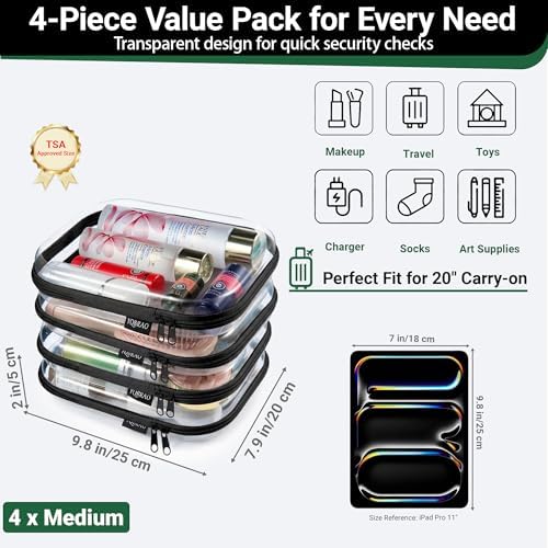 YQBRAO Clear Hard Shell Zipper Cases, 4 Medium Makeup Organizers, Black