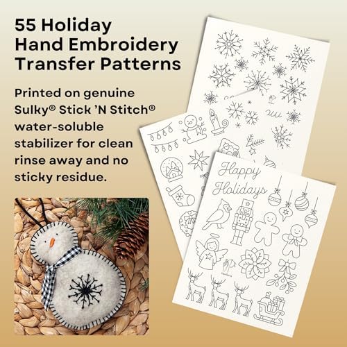 Stick and Stitch Embroidery Patterns, Holiday/Snowflake Designs, Water Soluble Embroidery Stabilizer Transfer Paper, Adult Beginner Hand Embroidery Kit for Gifts (Holiday 3 Pages)