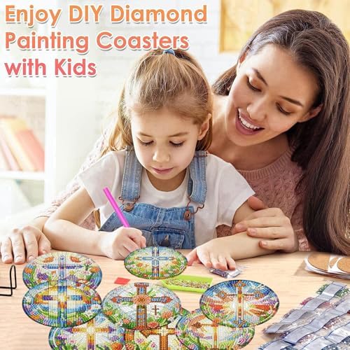 8 Pcs Christ Cross Diamond Art Coasters Kits 4x4 inch (Cork Wooden Pad)