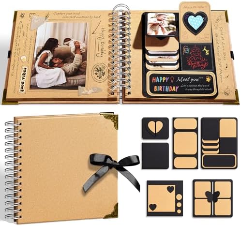 8x8 Scrapbook Kit, Photo Album DIY Scrapbook with 40 Pages Thick 250gsm Kraft Paper, Metal Corner Protectors, 3D Interactive Elements & Glue Pen for Wedding, Anniversary & Baby, Brown