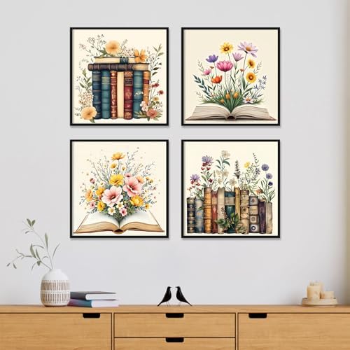 4 Pack Framed Paint by Numbers Kit for Adults with Wooden Easel, Book | With Frame Canvas, Flower DIY Acrylic Painting, For Adults Beginner, Stress Relief Craft Kits, Home Wall Decor Gift, 10x10 IN