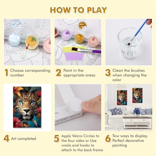 Bowetile Framed Paint by Numbers Cheetah Kit for Adults, Adults' Paint-by-Number Kits on Canvas, Painting by Numbers Flowers, Acrylic Number Painting Gifts for Home Wall Decor, 8x12in