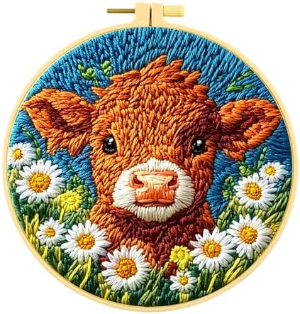 Zhenqing Cow Embroidery Kit for Beginners, Cute Farm Animal Needlework Craft with Pre-Printed Cotton Fabric, Hoop, Threads & Tools, Farmhouse Decor (C0067)