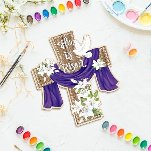 Large Size 12" Wooden Easter Ornaments to Paint,Wooden DIY Blank Unfinished Christian Religious Ornament Happy Easter Jesus He is Risen Door Sign Lily Cross Hanging Plaque Crafts Hanging Decorations
