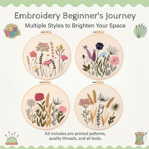 Harimau Adult Beginner Embroidery Starter Kit, Complete Set with 4 Patterns, 2 Hoops, Needles, Scissors, Instruction Guide & Stitching Video Tutorials