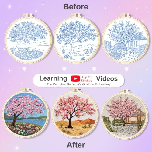 Huacan Embroidery Kit for Adults Beginners with 3 Hoops & Gift Box
