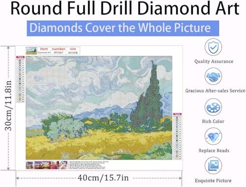VeGuude Diamond Art Kits for Adults-Van Gogh Diamond Painting Kits for Adults Beginners,Wheat Field with Cypresses 5D DIY Full Drill Diamond Painting Cat Gem Art and Crafts 12x16inch
