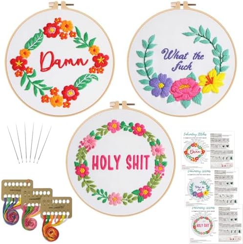 Louise Maelys 3 Pack Floral Quote Embroidery Kit for Beginners Craft