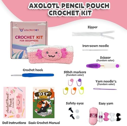 Axolotl Crochet Kit for Beginners, Learn to Crochet Pencil Bag Starter Set with Video Tutorial & Crocheting Manual, Easy Yarn Knitting Kit for Adult, DIY Amigurumi Birthday Xmas Gift Idea