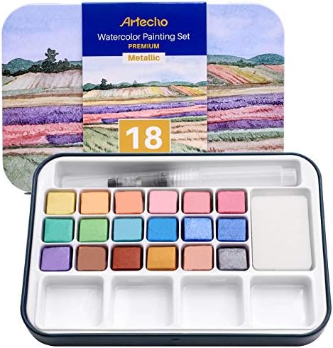 Artecho 18 Metallic Colors Watercolor Paint Set, Portable Travel Tin Box