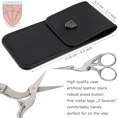 3 Swords Germany - Embroidery Scissors, Stork Scissors Shears for Art Work, Daily Use in Household, Sewing, crocheting, Art Work, Craft, needle work with black Synthetic Leather case