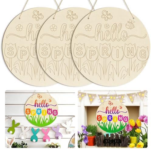 Large Size 12" Wooden Spring Ornaments to Paint, Flower Wooden DIY Blank Unfinished Round Wood Discs Ornament for Crafts Hanging Decorations(3PCS)