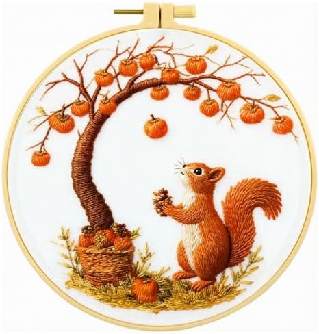 Zhenqing Squirrel Embroidery Kit for Beginners, Autumn Harvest Needlework Craft with Pre-Printed Cotton Fabric, Hoop, Threads & Tools, Woodland Fall Decor (C0219)