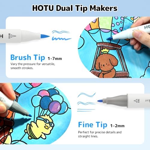 HOTU Alcohol Markers Brush&Fine Tip 48 Color for Adults Coloring Beginner | Dual Tips Art Markers Pens, Alcohol-based for Artists Drawing Illustration Sketching, Non-Bleeding Pad-CPC Certificated