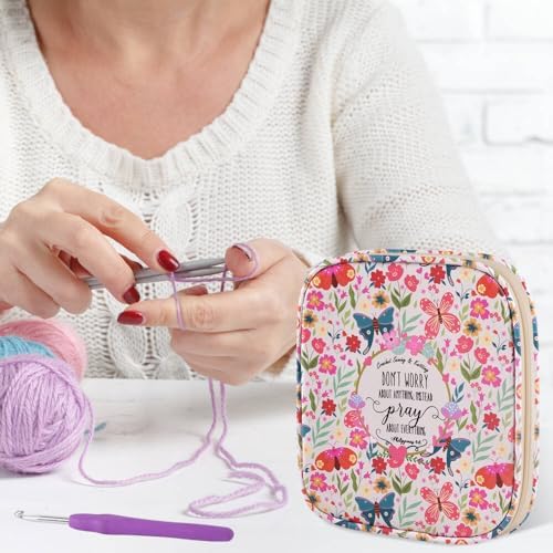 Crochet Hook Case,Portable Zipper Storage Organizer Bag for Crochet Hooks, Knitting Needles, Project & Sewing Supplies, Lightweight,Easy to Hold (No Accessories Included).Beige Butterfly