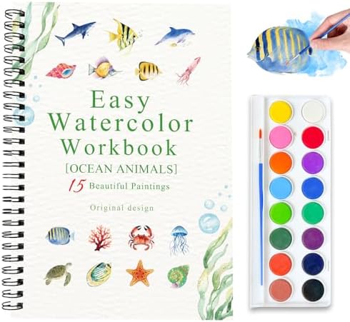 Watercolor Workbooks, 16 Colors Water Color Books Paint Set for Adults, Watercolor Coloring Book for Beginners, Water Color Workbook, 15 Beautiful Paintings for Beginners (Ocean Animals)