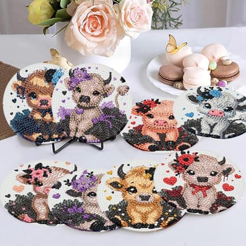 8 Pack Diamond Art Coasters,Highland Cow Diamond Painting Coasters Kits