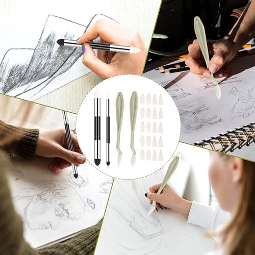 24pcs Artist Blending Stump Sponge Pen, Double Headed Drawing Art Pencil Sketch Scrapers Tools with Sponge Head Washable Sketch Rubbing Sponges for Blending Lightening and Highlight