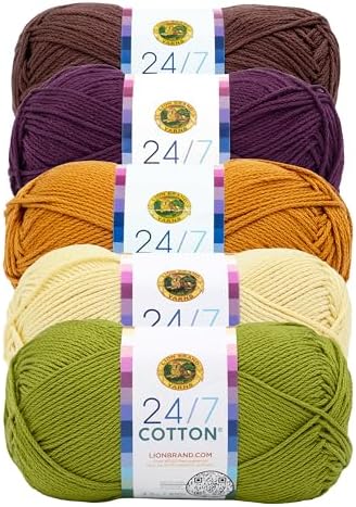 Lion Brand Yarn, 24/7 Cotton Mercerized Lightweight Yarn for Knitting, Crochet, and Crafts, Wildflower, 5 Pack, Multicolor Pack of Natural Fiber for Breathable Tops, Durable Bags, and Dish Cloths