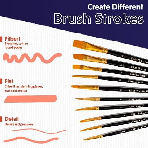 Crafts 4 All Artist Paint Brushes - Professional, Multi Tip, Nylon Hair Paintbrushes - Paintbrush Set of 10 for Acrylic, Watercolor, Christmas Decorations & Oil Painting - Art Supplies