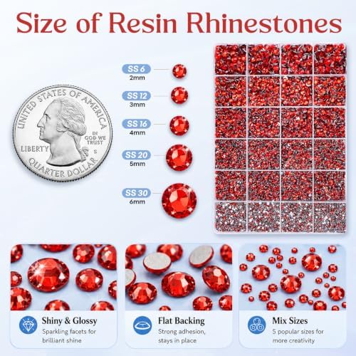 32000 Pcs Resin Jelly Rhinestones Kit, Red Flatback Rhinestones 3mm (2–6mm Size Options), Crystal Bedazzling Kit with 4 Pcs B7000 Glue & Tools for Nail Art, DIY Crafts & Clothing Decoration