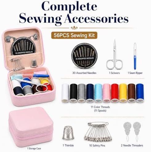 56 Pcs Portable Sewing Kit, Needle and Thread Kit with PU Leather Case, Basic Sewing Kit and Hand Seeing Kit with Scissors, Seam Ripper, Safety Pins for Travel Home Repairs(Pink)