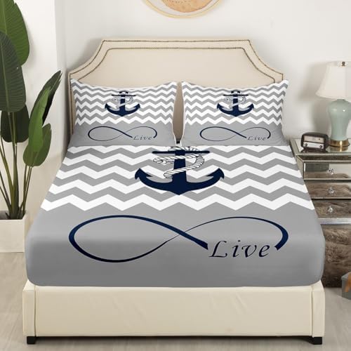 Nautical Style Bed Sheet Set Queen Size Anchor Rope Mattress Cover Modern Stripes Geometric Sheets for Boys Girls Bedroom Gray White with Flat,Fitted Sheet Pillowcase 4Pcs