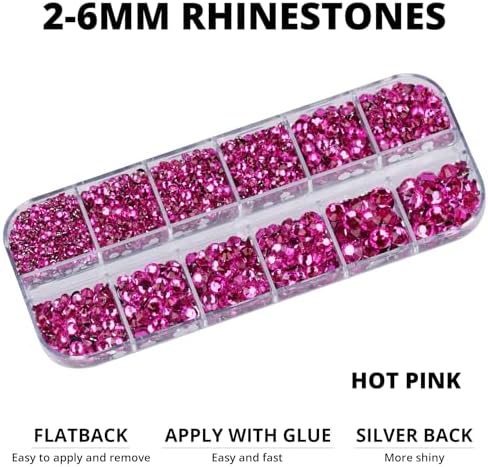 6500Pcs Dark Pink Rhinestones for Bedazzling, Bedazzler Kit with Flatback Craft Rhinestones Bulk and B7000 Glue, 2,3,4,5,6mm Resin Flat Back Crystals for Craftings, Clothes, Nails