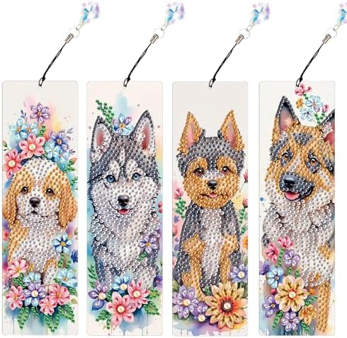 4 Pieces Diamond Art Painting Bookmarks for Adults 5D Floral Rhinestone Bookmarks Animal Dog Art Bookmarks DIY Diamond Painting Bookmarks with Tassels Crafts Supplies